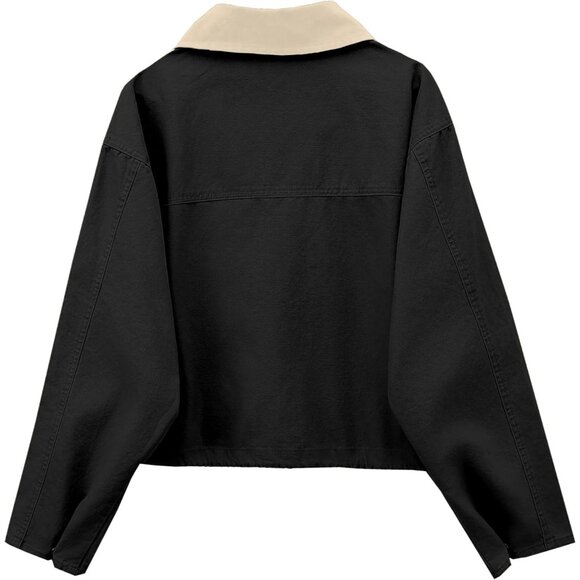 Women Black Cropped Utility Cargo Coat Contrast Collar Barn Outwear - Picture 4 of 6